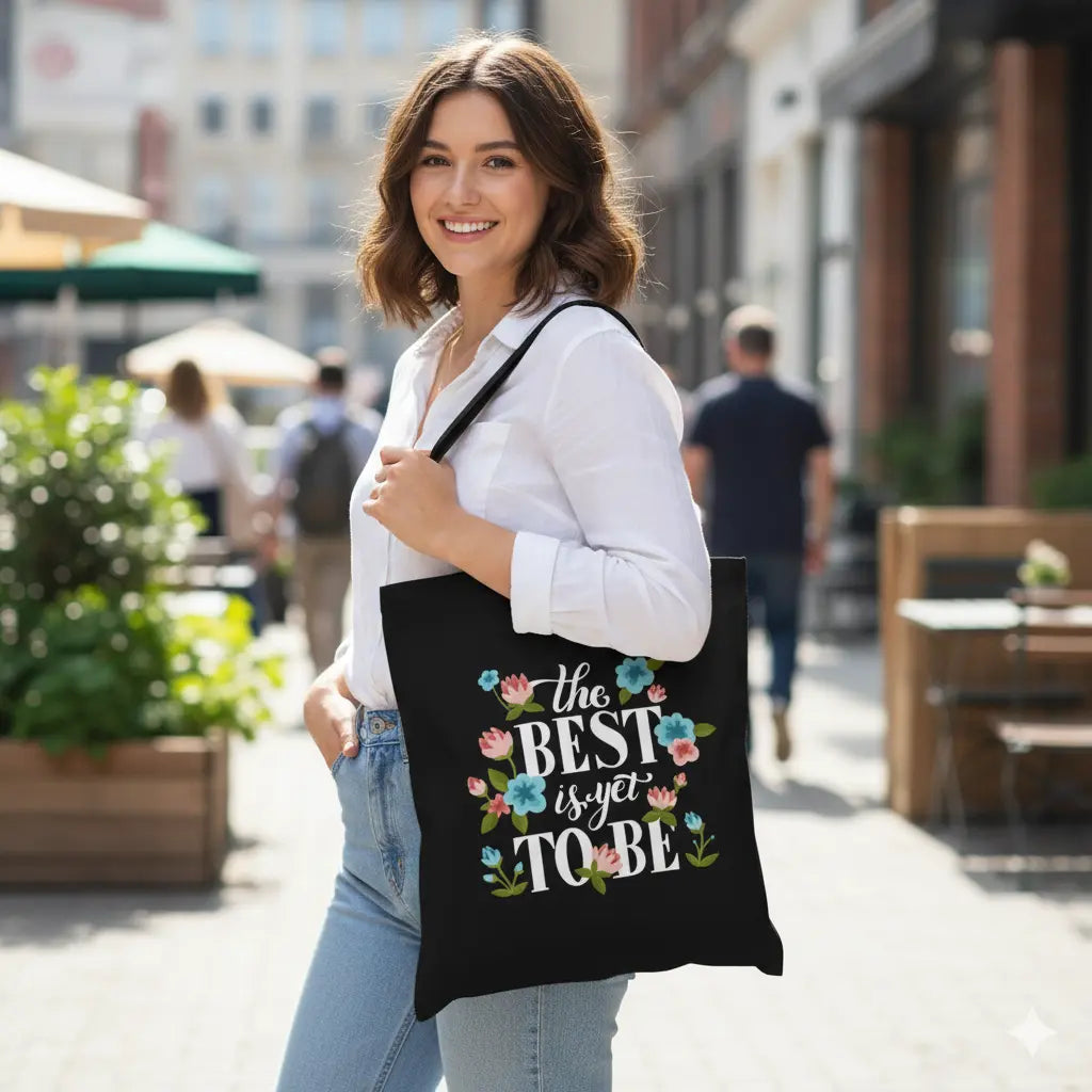 The Best Is Yet To Come Black Canvas Tote Bag for Women | Motivational Quote Handbag