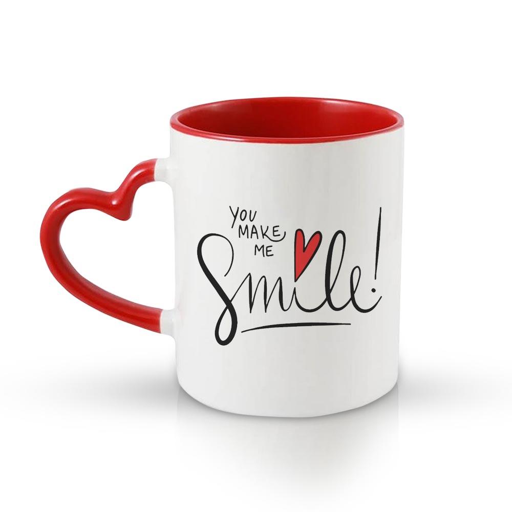 Heart Handle Coffee Mug Printed Design - You Make Me Smile - Valentine –