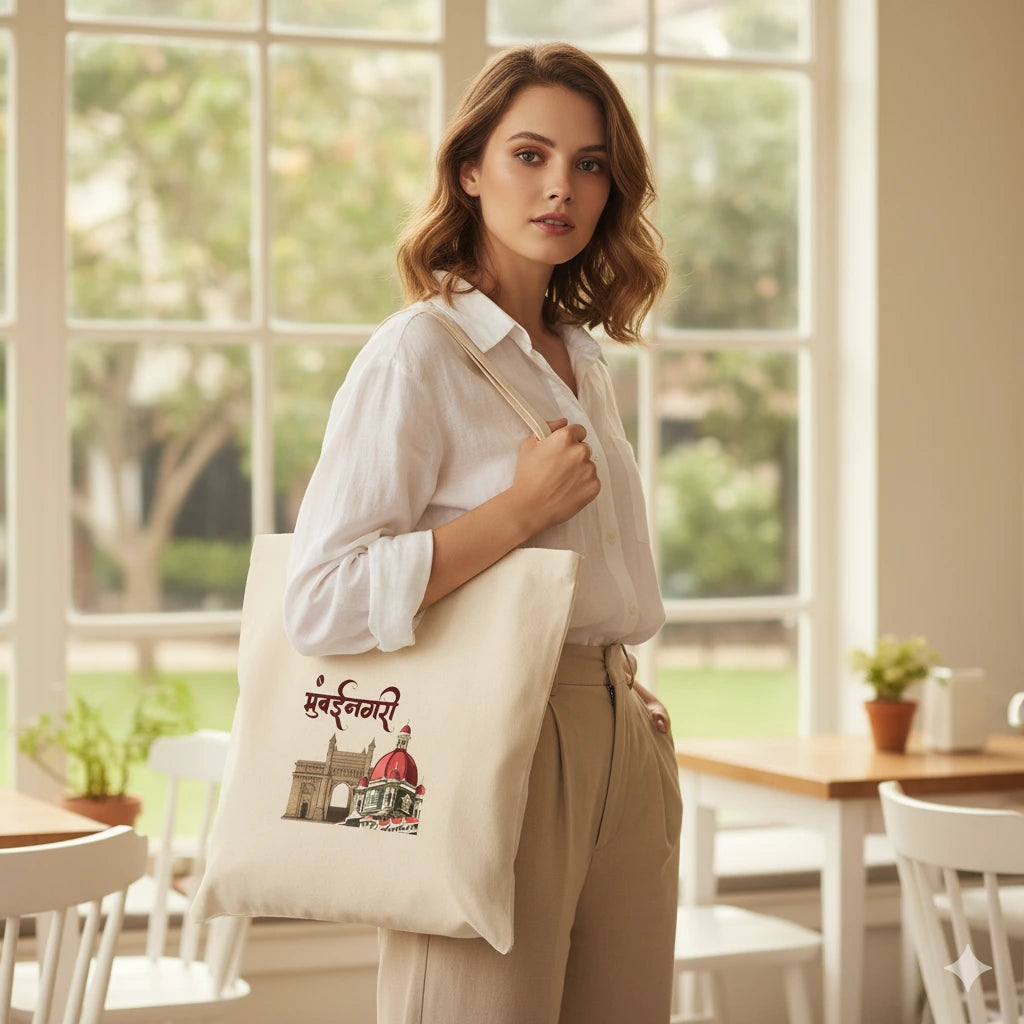 Mumbai tote bag, cotton tote bag India, eco friendly tote bag online, reusable shopping bag India, printed canvas tote bag, Mumbai gift bag