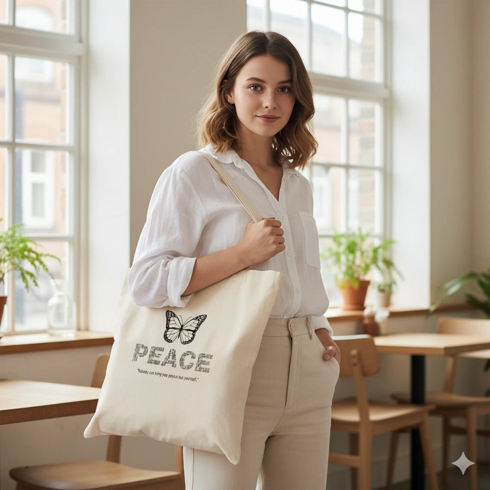 tote bag, eco friendly tote, cotton shopping bag, butterfly tote, motivational tote, peace tote bag, reusable shopping bag, everyday carry bag