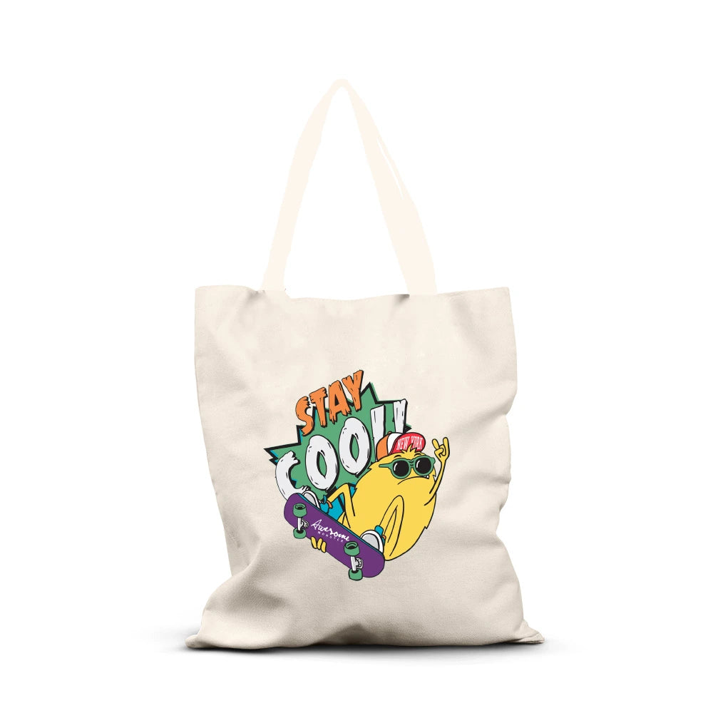 stay cool tote bag, skater tote bag, fun cartoon tote, eco friendly tote, cotton shopping bag, streetwear tote, reusable canvas bag