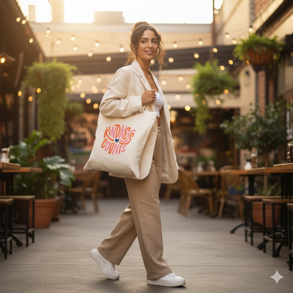 kindness counts tote, motivational tote bag, eco friendly tote, reusable shopping bag, cotton canvas tote, inspirational tote, positivity tote bag