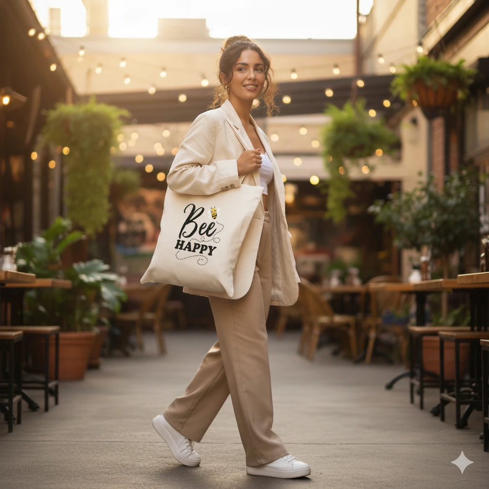 be happy tote bag, motivational tote bag, inspirational slogan tote, eco friendly tote bag, reusable cotton canvas bag, positivity tote bag, reusable shopping tote, canvas tote for women, eco friendly grocery tote, sustainable tote bag