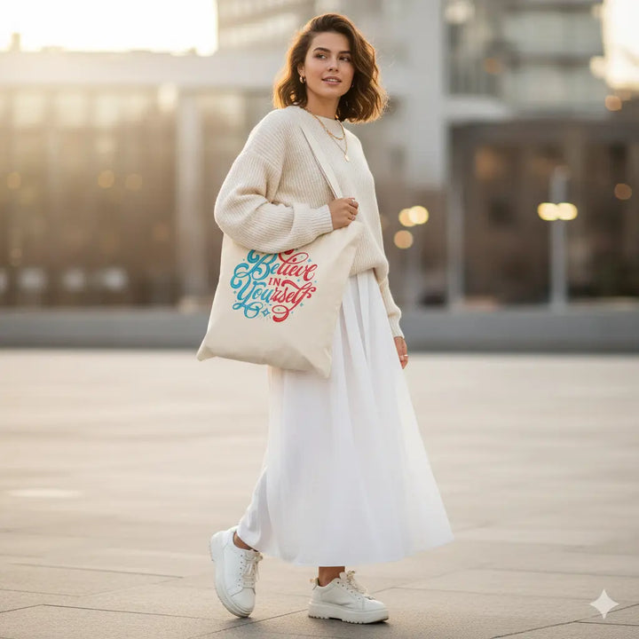 believe in yourself tote bag, inspirational tote bag, motivational tote bag, women’s canvas tote bag, eco-friendly tote bag, stylish tote bag, daily use tote bag, gift for her tote bag, large tote bag, women’s shoulder bag