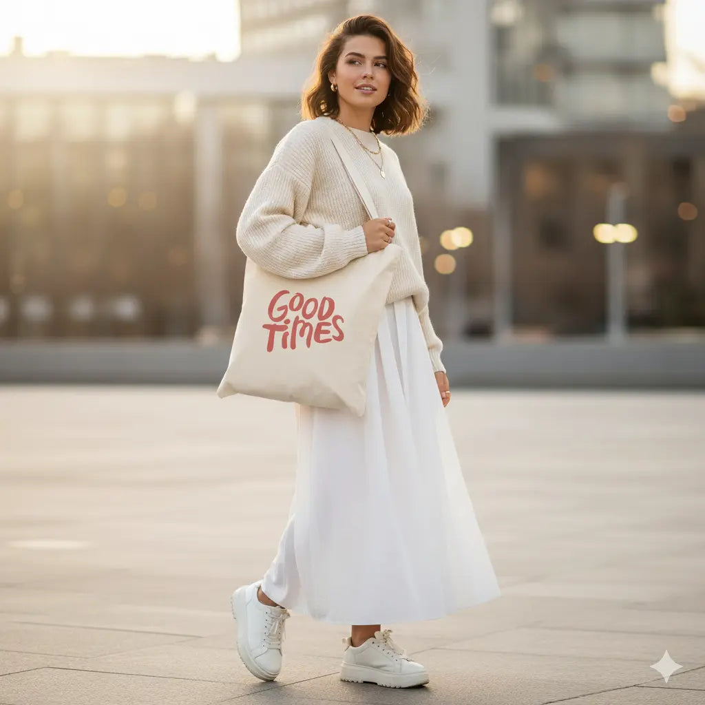 good time tote bag, women’s canvas tote bag, stylish tote bag, casual tote bag, eco-friendly tote bag, gift for her tote bag, daily use tote bag, large tote bag, shoulder bag for women, trendy tote bag