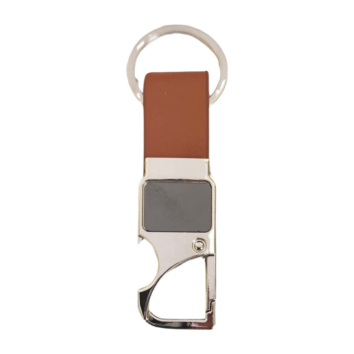 Keychain with brown leather strap and metallic clip on a white background