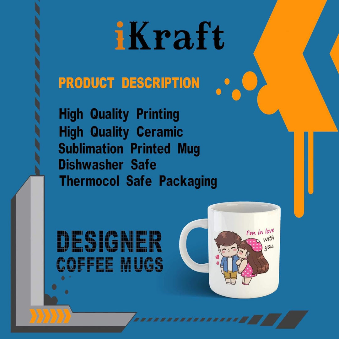 iKraft Premium Ceramic Coffee Mug with Unique Printed Designs, 325 ml - Microwave & Dishwasher Safe, Ideal for Office, Home & Gifting | Cute Love Couple Cartoon