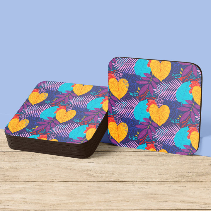 Decorative drink coasters, HUH design table mats, versatile table protectors, stylish MDF coasters, quirky printed drinkware, anti-slip surface coasters, modern table accessories; 