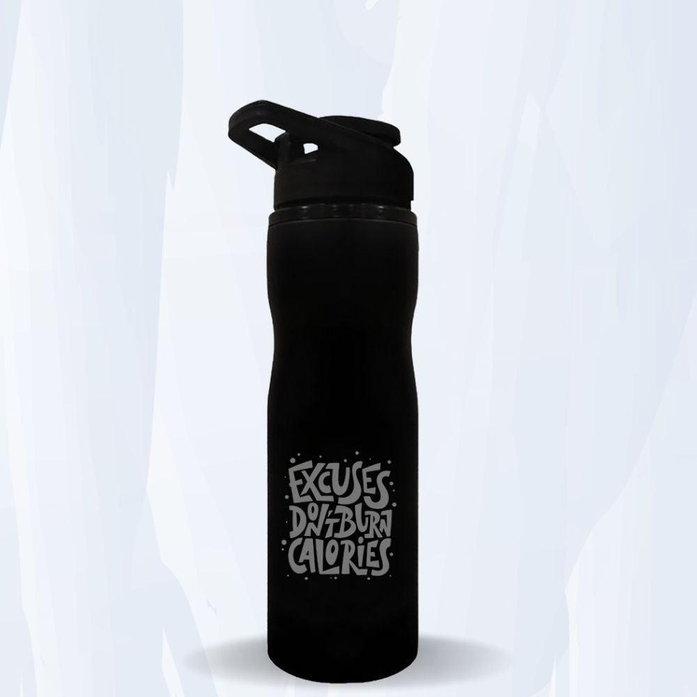 Eco-friendly motivational bottle, Excuses don’t burn calories H2O bottle, Reusable fitness water bottle, BPA-free sports bottle, durable hydration solution, leak-proof gym bottle, Lightweight portable bottle, Workout and travel bottle, 750ml active lifestyle bottle, Inspirational hydration gear