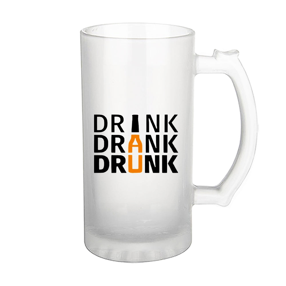 16 Oz Frosted Beer Mug – Funny Beer Glass with “Drink Drank Drunk” Print | Gift for Beer Lovers
