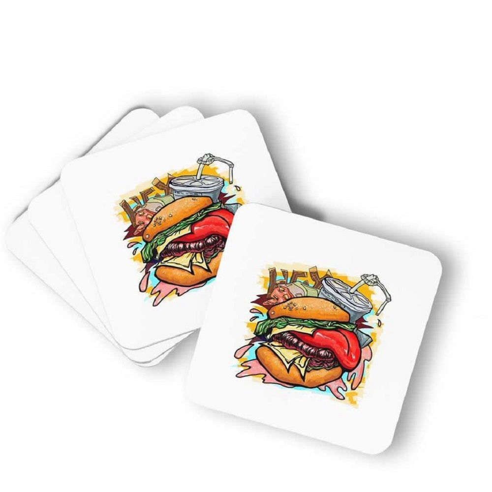 Burger drink coaster set,Printed wooden coasters online, Trendy coffee coasters buy now, Custom burger print coasters,
Premium wooden drink coasters,
 Funny food-themed coaster set,Best wooden coasters for bar