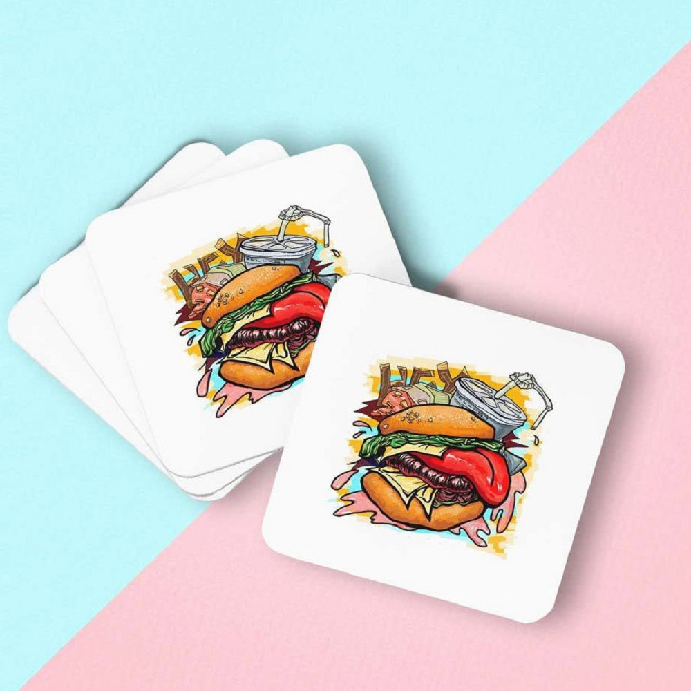 Burger print wooden coasters,Trendy drink coasters set,
Absorbent coasters for drinks,
Wooden table coasters online,Decorative bar coasters,Premium quality drink coasters