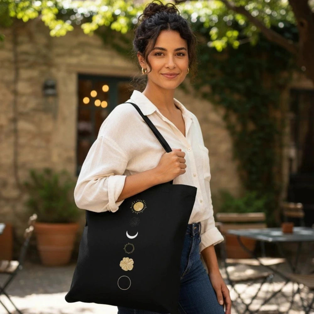 black canvas tote bag, celestial tote, moon phase tote, sun and moon tote, eco-friendly bag, women’s canvas tote, reusable tote bag
