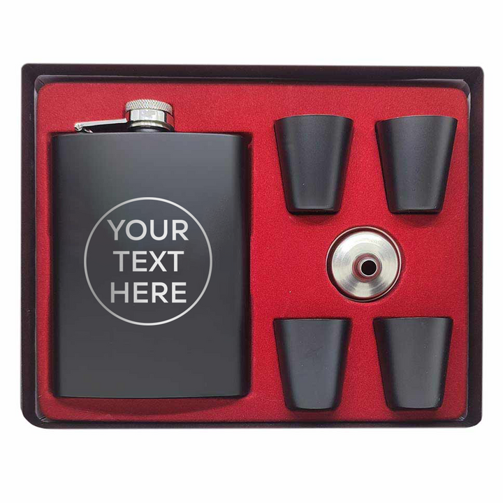 Black Stainless Steel Hip Flask Set - Get it customised with your Name and Quote