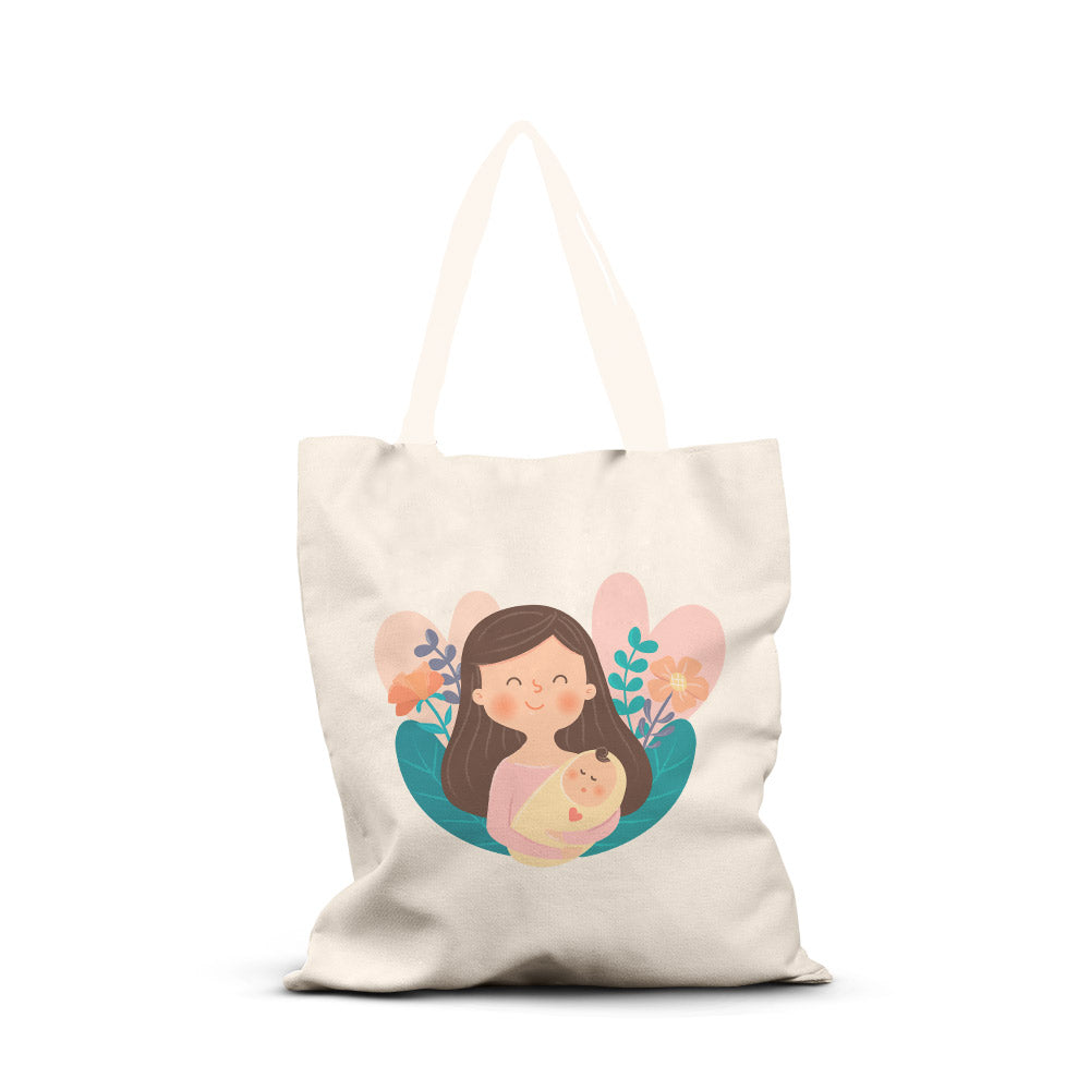 iKraft Canvas Tote Bag Printed Design - Mother And Child Illustration  - Daughter's Day Special