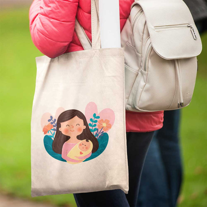 iKraft Canvas Tote Bag Printed Design - Mother And Child Illustration  - Daughter's Day Special