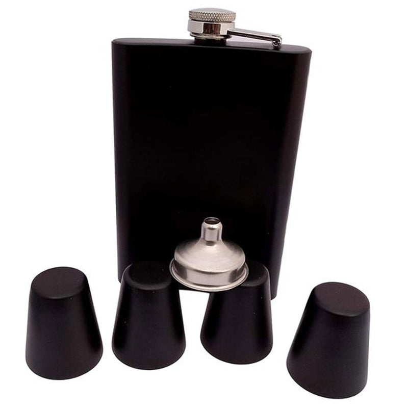 Black Stainless Steel Plain Hip Flask Set