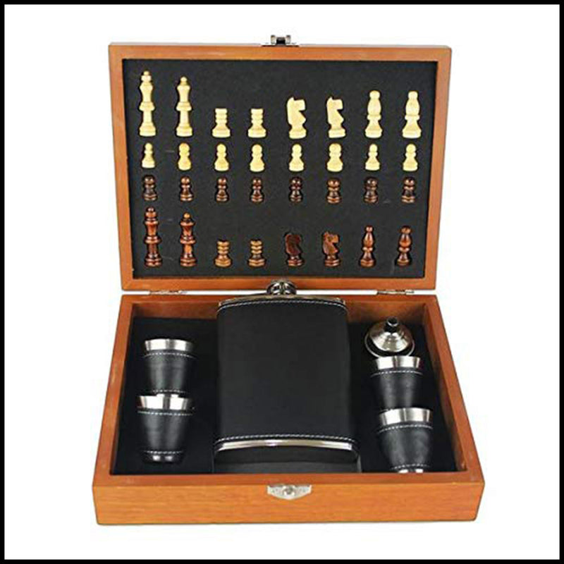 Stainless Steel Black Chess Hip Flask Set