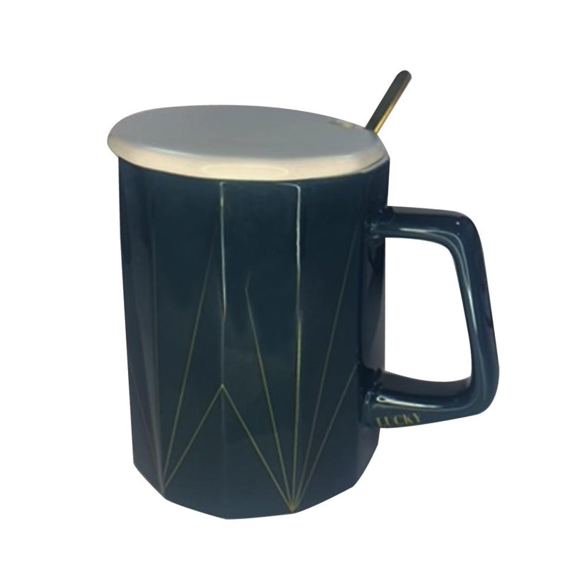 Geometric Shape Dark Blue Mug with Lid and Spoon