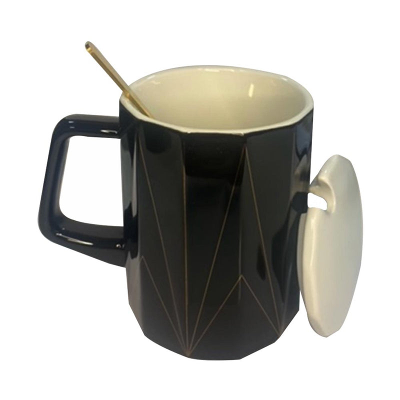 Geometric Shape Black Mug with Lid and Spoon