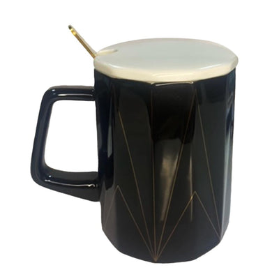 Geometric Shape Black Mug with Lid and Spoon
