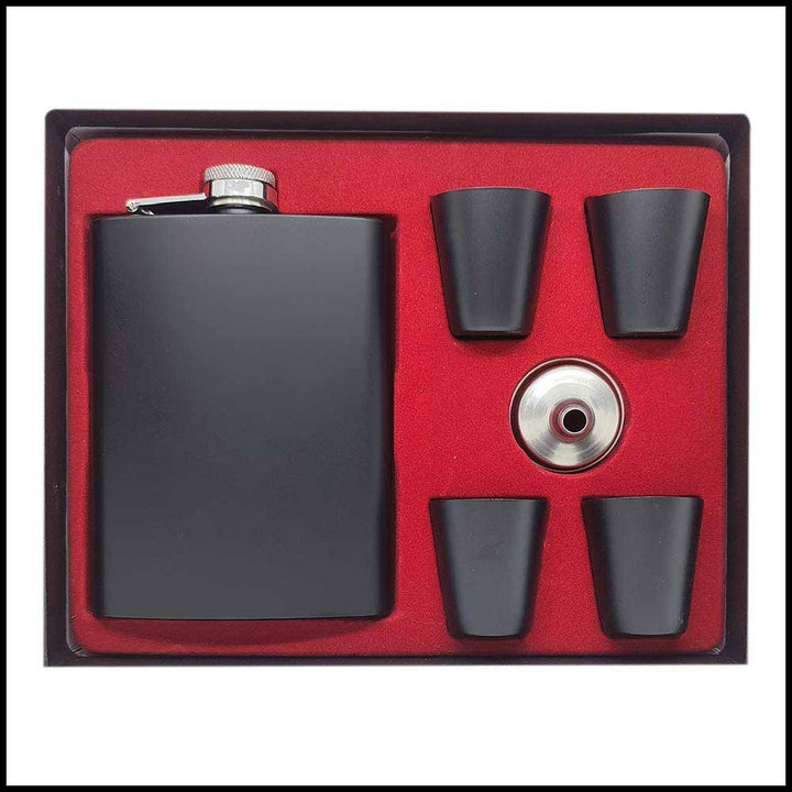 Black Stainless Steel Hip Flask Set - Get it customised with your Name and Quote