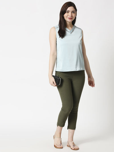 Women's Comfort Fit Olive Green Pocket Pant with Belt
