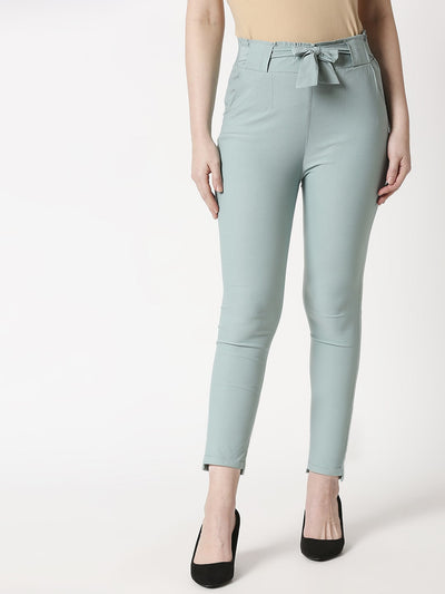 Women's Comfort Fit Sea Green Pocket Pant with Belt