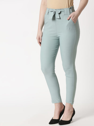 Women's Comfort Fit Sea Green Pocket Pant with Belt