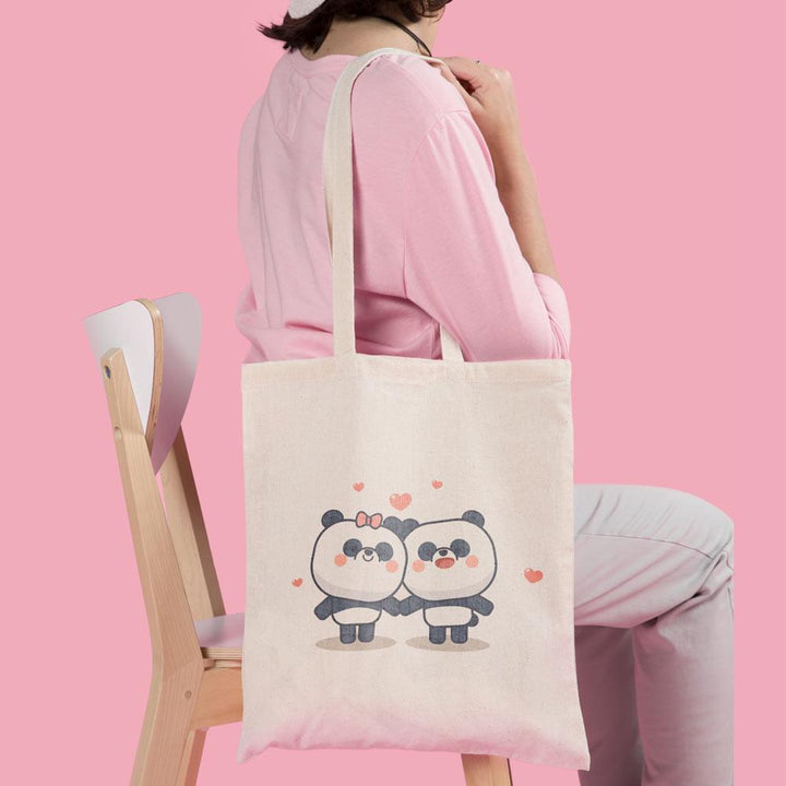 Canvas Tote Bag Printed Design - Panda Couple - Valentine Special