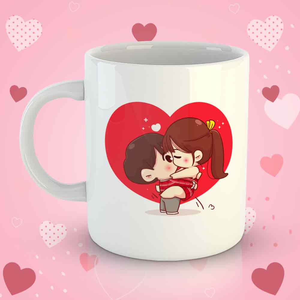 White Coffee Mug Printed Design - Cute Couple - Valentine Special