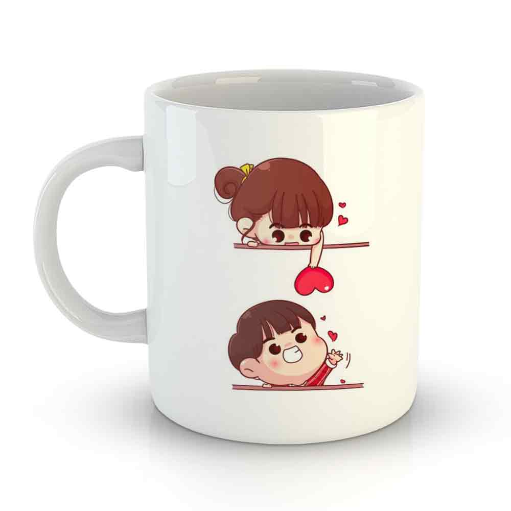 White Coffee Mug Printed Design - Love Catch - Valentine Special