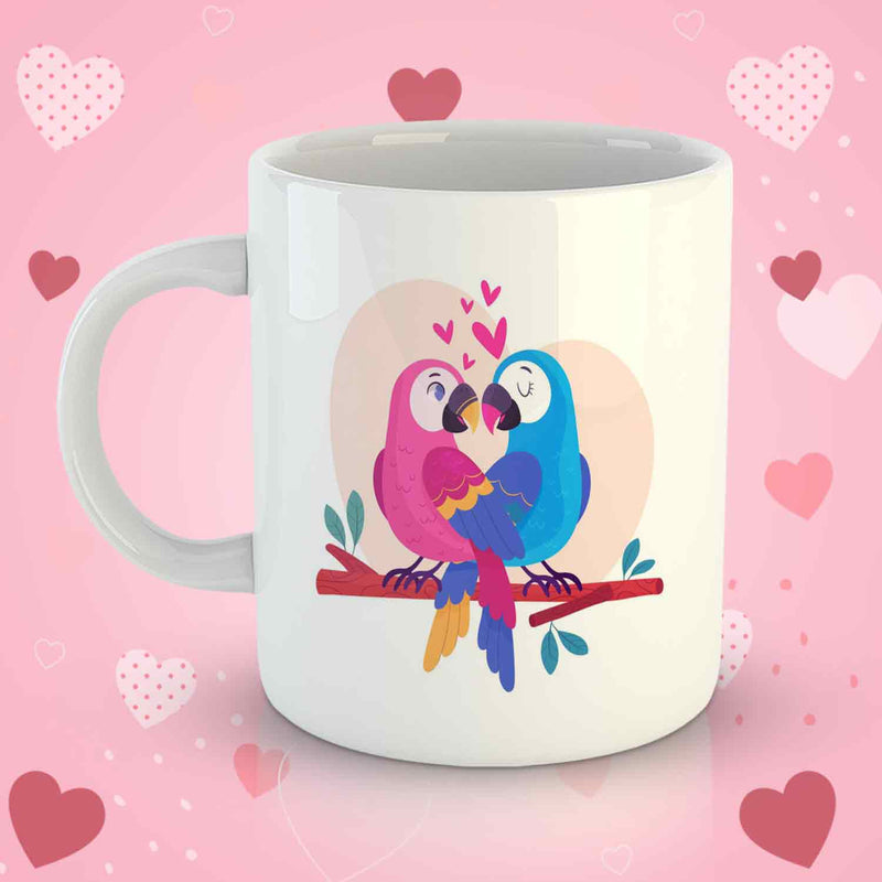 White Coffee Mug Printed Design - Colourful Love Birds
