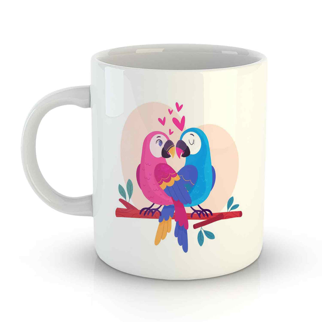 White Coffee Mug Printed Design - Colourful Love Birds - Valentine Special